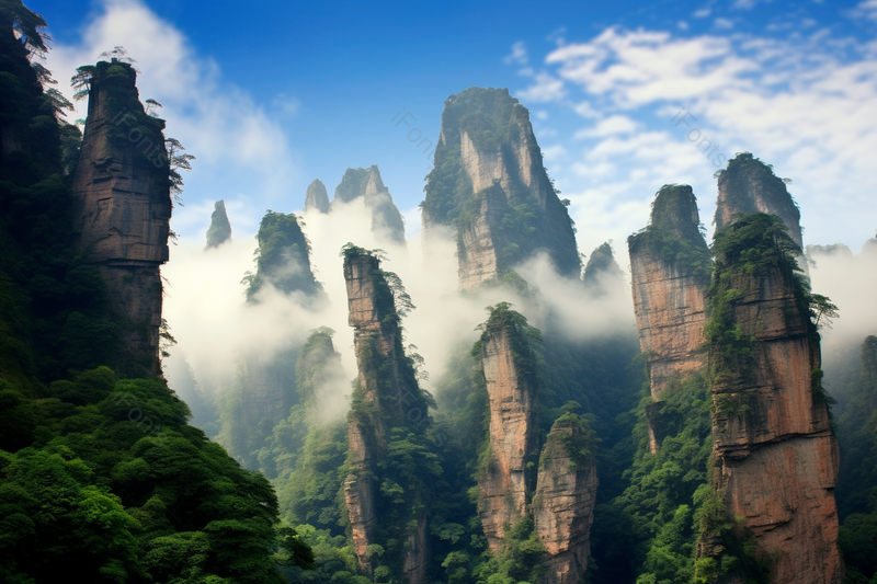 蔚蓝天空下云雾缭绕清新自然景观风景地貌,高清,摄影图,摄影图片,图片大全,摄影图免费下载